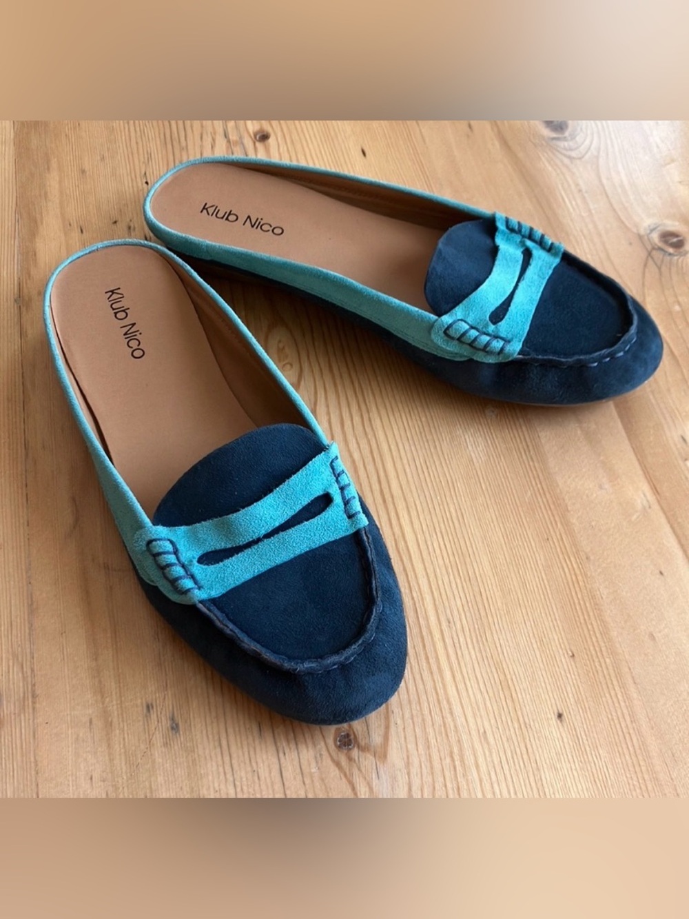Klub Nico two tone blue suede slip on penny loafer mule flats size 10